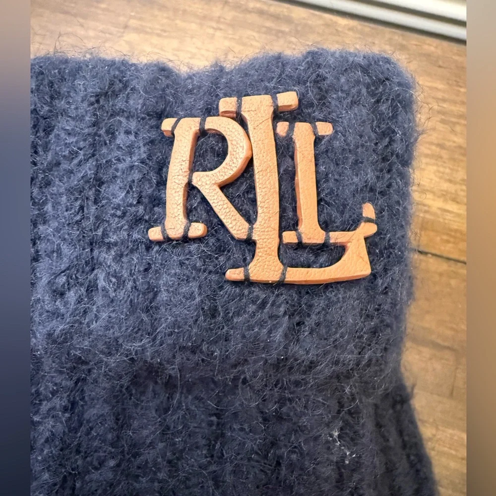 NWT Lauren Ralph Lauren Navy Ribbed Knit Mittens with Leather Logo Patch